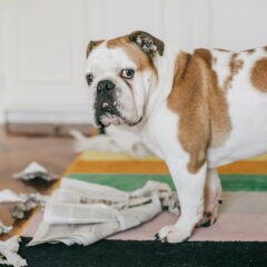 Hund zerkaut eine Zeitung – Haustierspuren gilt es zu beheben