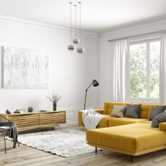 Gelbes Sofa in modern eingerichtetem Wohnzimmer
