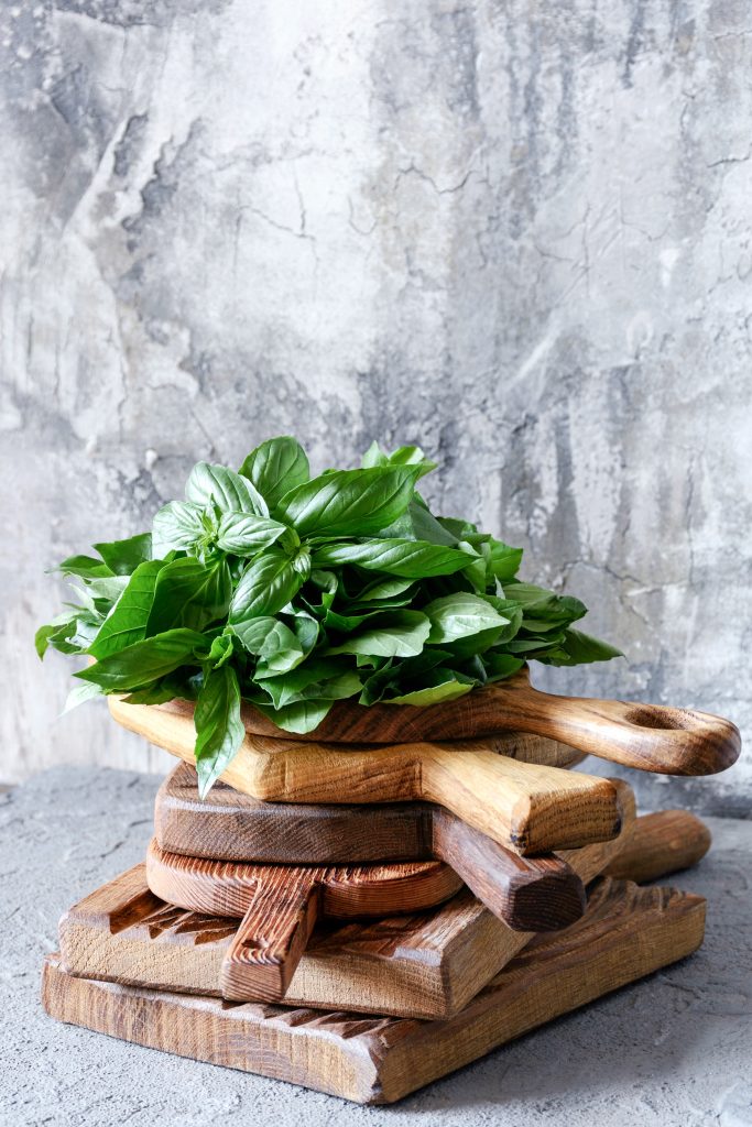 Basil leaves on wooden cutting boards